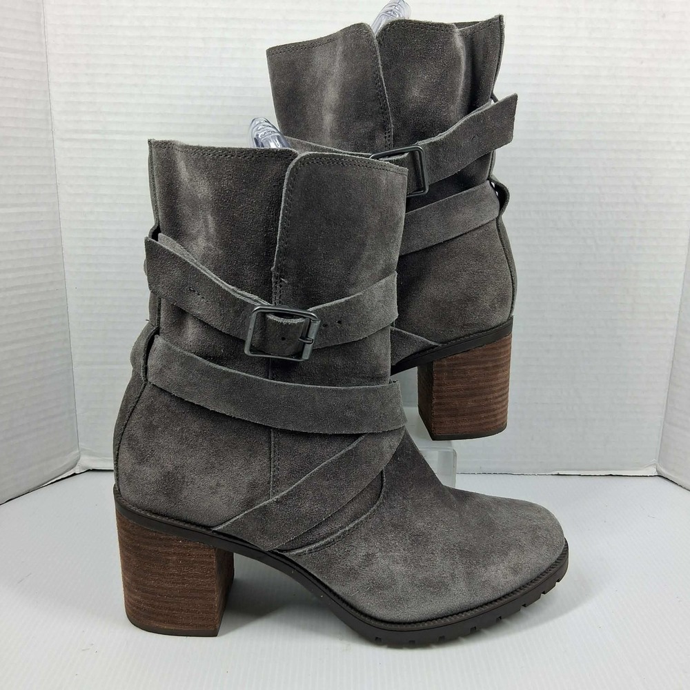 Clarks Artisan Grey Suede Multi Strap Buckle Block Heel Boots Womens‎ 9.5